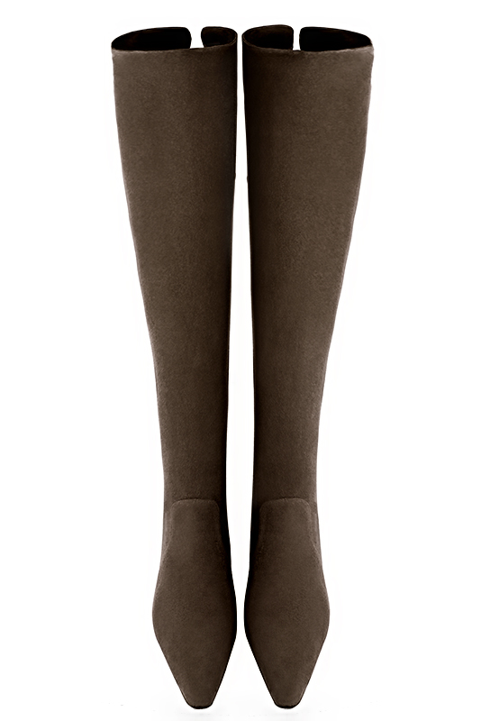 Chocolate brown women's leather thigh-high boots. Tapered toe. Low block heels. Made to measure. Top view - Florence KOOIJMAN